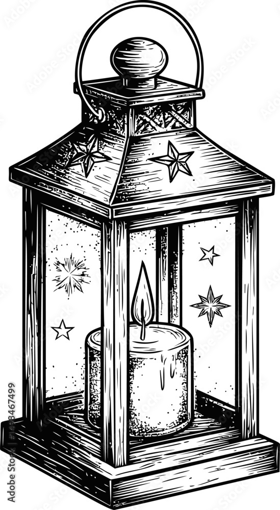 Fototapeta premium Vintage lantern with a candle and star patterns in sketch style illustration. Vector illustration