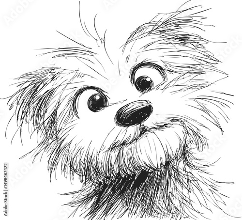 Black and white sketch of a fluffy dog with big eyes and curious expression. Vector illustration