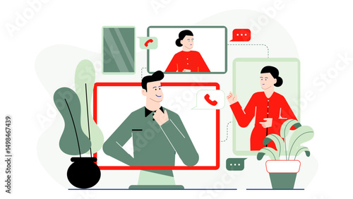 People connecting on video calls. Business illustration. Suitable for remote working, virtual meetings, and technology concepts.