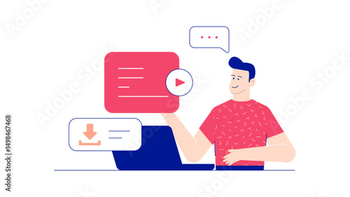 Man looking at red video icon and laptop. Suitable for technology, multimedia, video streaming, online entertainment websites, and digital marketing projects.