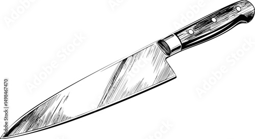 Detailed black and white illustration of a kitchen knife, 3d render sketch style. Vector illustration