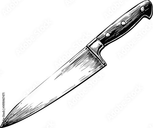 Detailed sketch of a chef's knife with wooden handle, black and white illustration. Vector illustration