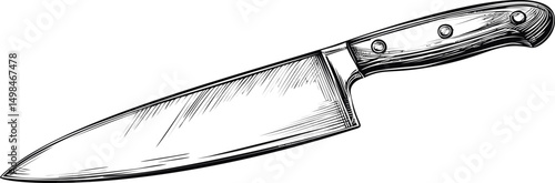 Detailed black and white illustration of a chef's knife, kitchen tool concept. Vector illustration