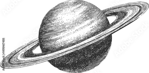 Detailed black and white engraving of saturn with visible rings, vintage style. Vector illustration