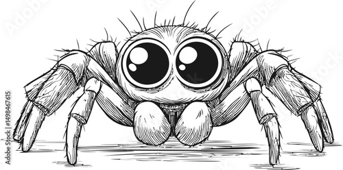 Adorable cartoon spider with large eyes in black and white illustration. Vector illustration