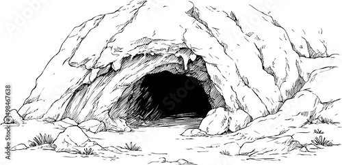 Sketch of a rocky cave entrance surrounded by rugged terrain. Vector illustration