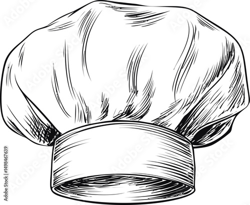 Sketch of a classic chef hat in black and white, culinary illustration. Vector illustration