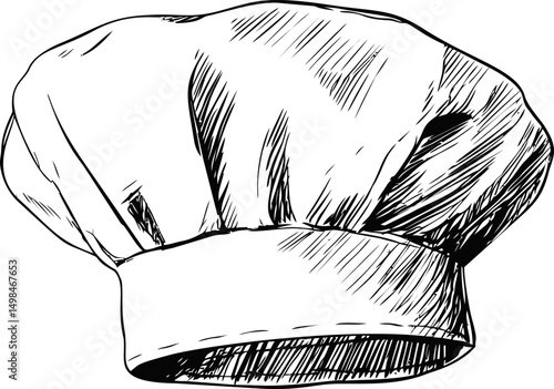 Illustration of a classic chef hat in black and white sketch style. Vector illustration