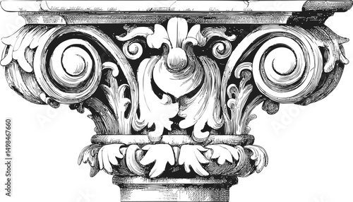 Detailed black and white illustration of a corinthian column capital. Vector illustration