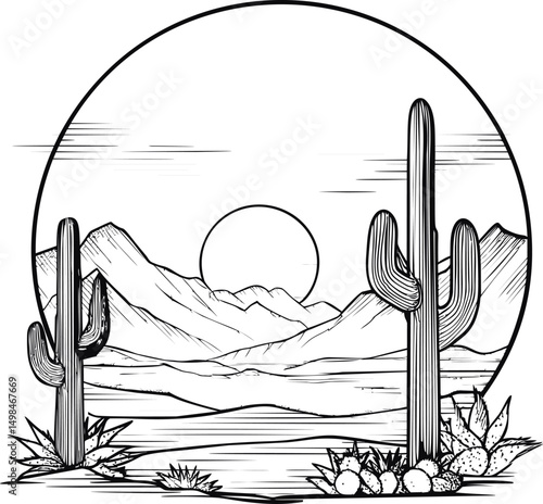 Desert landscape with cacti and mountains in black and white drawing. Vector illustration