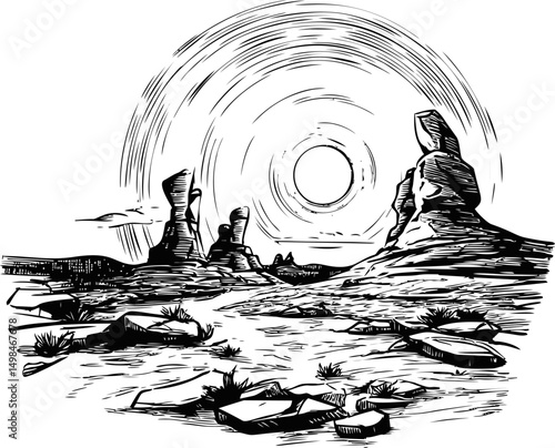 Monochrome desert landscape with rock formations under the sun, black and white drawing. Vector illustration
