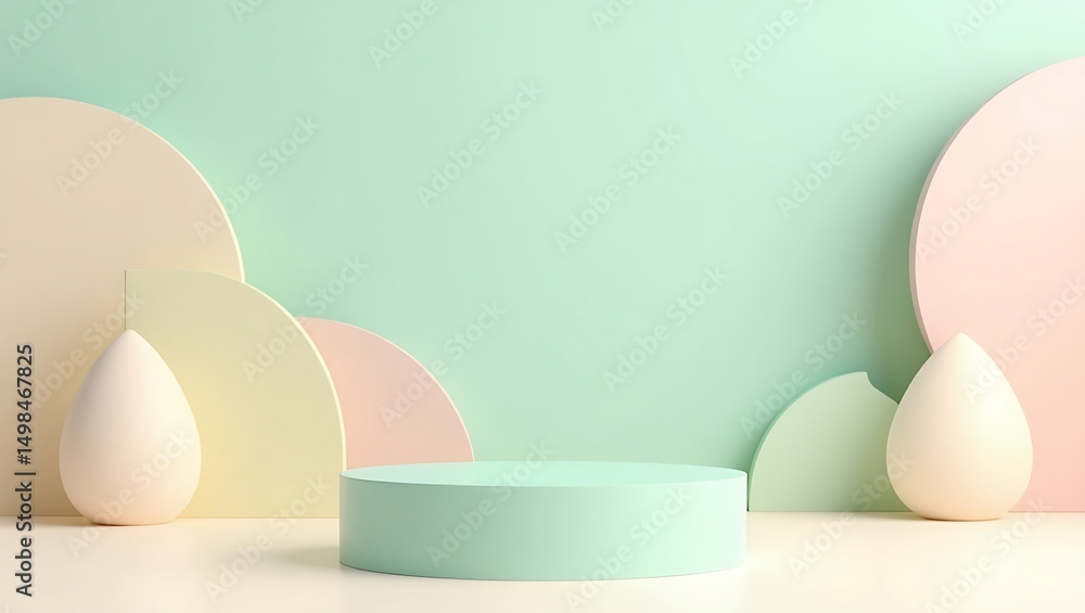 Fototapeta premium Pastel podium with egg shapes and round backdrops in soft colors