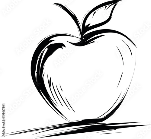 Black and white sketch of an apple with leaf on a clean. Vector illustration
