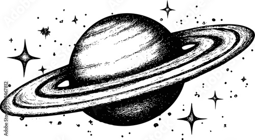 Black and white illustration of saturn with rings and stars in space, cosmic art. Vector illustration