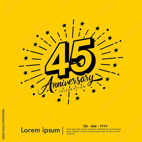 45th years anniversary celebration emblem. congratulations anniversary logo isolated with ribbon and starburst on yellow background. vector illustration template design