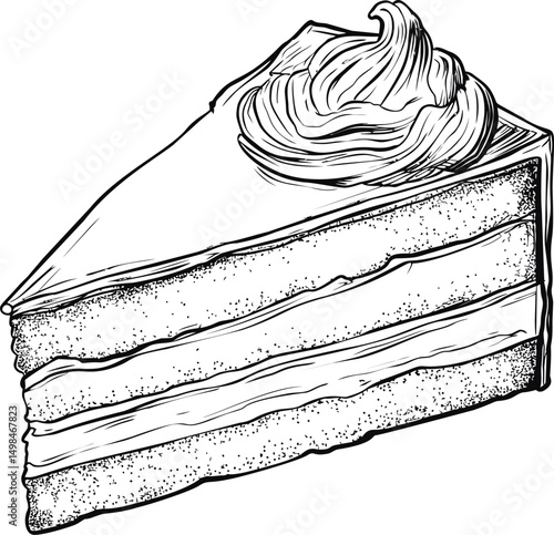 Slice of cake with frosting sketch in black and white illustration. Vector illustration
