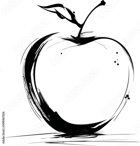Black and white brush stroke apple illustration with dynamic lines. Vector illustration