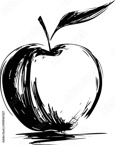 Artistic black ink sketch of an apple with leaf and bold brush strokes. Vector illustration