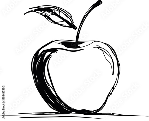 Black and white sketch of an apple with leaf, artistic line drawing. Vector illustration