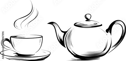 Black and white sketch of a teapot and cup with rising steam, elegant line art. Vector illustration