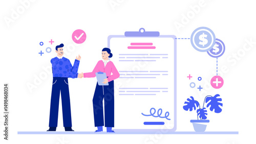 Man and woman signing a contract, representing business agreement. Suitable for legal, business, partnership concepts in presentations, blogs, articles.