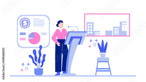 Woman confidently stands at podium giving business presentation to audience. Suitable for business, education, leadership, public speaking, professional development concepts.