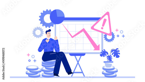 Man analyzing financial trend on coins, suitable for illustrating monetary losses or economic downturn in presentations, articles, and marketing materials.
