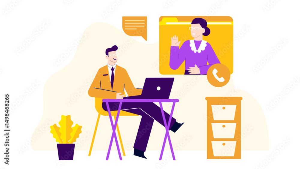 Man on laptop video call with woman at desk. Suitable for remote work, virtual meetings, technology, communication, and video calls. Man on laptop video call with woman at desk. Suitable for remote work, virtual meetings, technology, communication, and video calls.