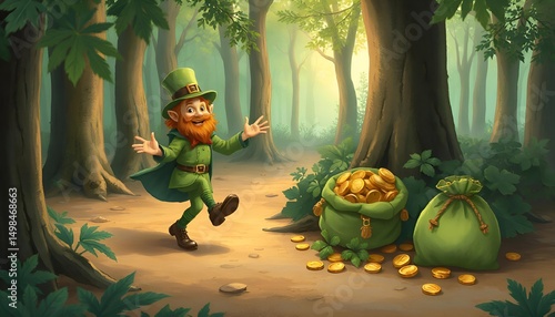 The leprechaun is dancing in the forest. There are green bags of coins nearby. St. Patrick's Day.