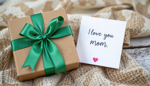 Beautifully wrapped gift box with green ribbon sits next to heartfelt card that reads I love you mom. warm, cozy background adds touch of love and sentimentality to scene