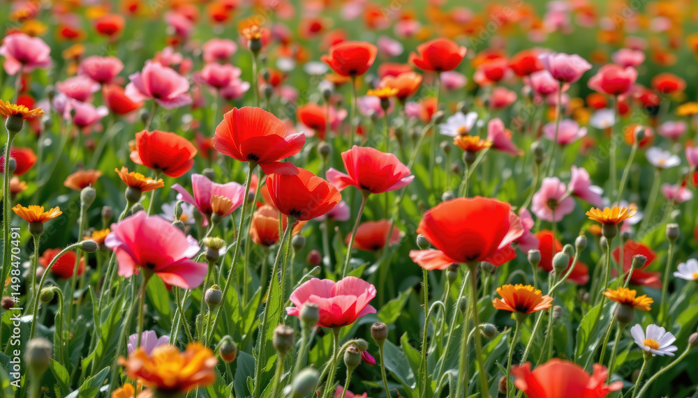 Vibrant field of colorful flowers showcases stunning array of red, pink, and yellow blooms, creating picturesque and cheerful landscape that evokes feelings of joy and tranquility Vibrant field of colorful flowers showcases stunning array of red, pink, and yellow blooms, creating picturesque and cheerful landscape that evokes feelings of joy and tranquility