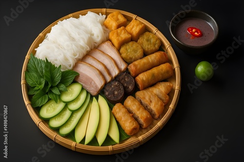 Bún đậu mắm tôm( white rice vermicelli noodles, golden fried tofu cubes, slices of boiled pork, shrimp paste sauce with chili) -Traditional food in Vietnam from Hue city