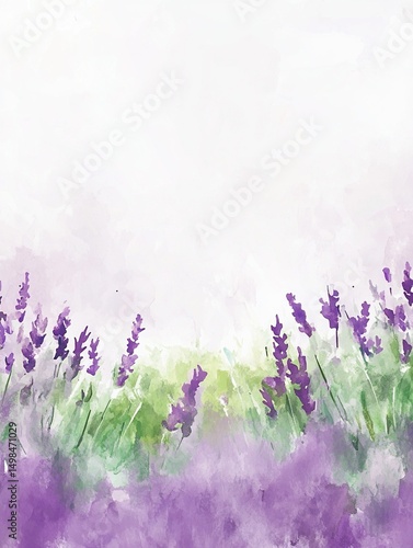 Blooming lavender flowers in loose watercolor style with visible wet texture, soft lilac and green tones, artistic floral background with plenty of blank space for text or design, creative projects