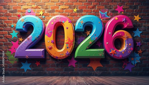Colorful Happy New Year 2026 Text in Graffiti Style on a Brick Wall Background
