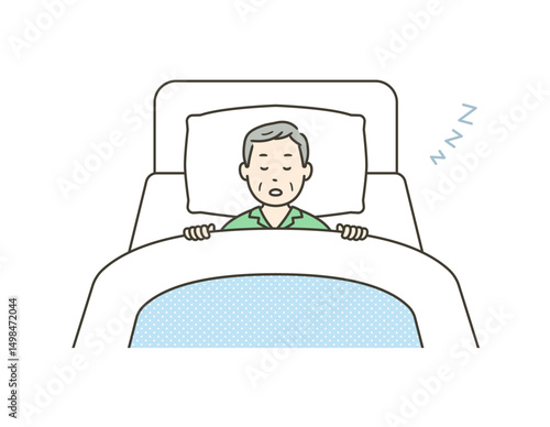 ベッドで熟睡するパジャマ姿の高齢男性のイラスト
