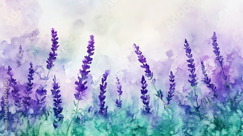 Blooming lavender flowers in loose watercolor style with visible wet texture, soft lilac and green tones, artistic floral background with plenty of blank space for text or design, creative projects