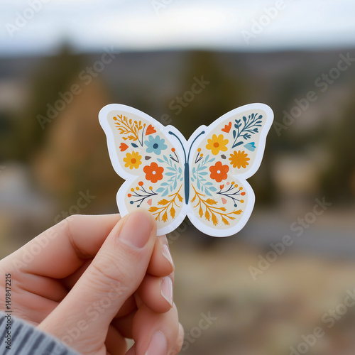 Hand holding a butterfly sticker with floral pattern in nature
