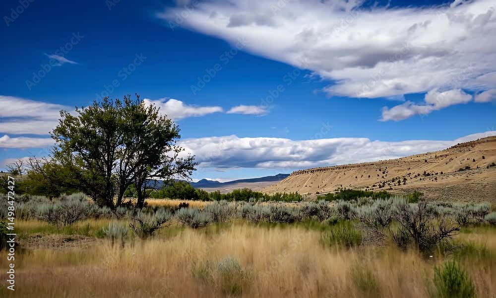 Expansive Grassy Field with Cacti and Green Tree Under a Bright Blue Sky in a Sunny Day Expansive Grassy Field with Cacti and Green Tree Under a Bright Blue Sky in a Sunny Day