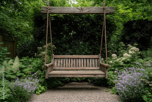Fototapeta Naklejka Na Ścianę i Meble -  Rustic wooden swing in a garden setting