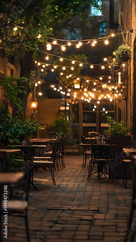 Brick patio restaurant with string lights and iron furniture