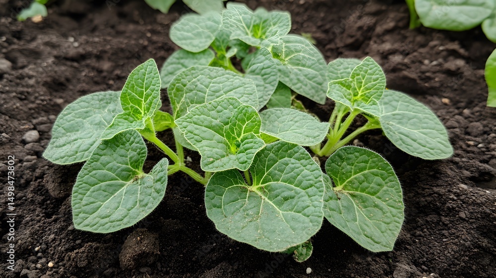 Obraz premium Close-up of young potato plants growing in soil.