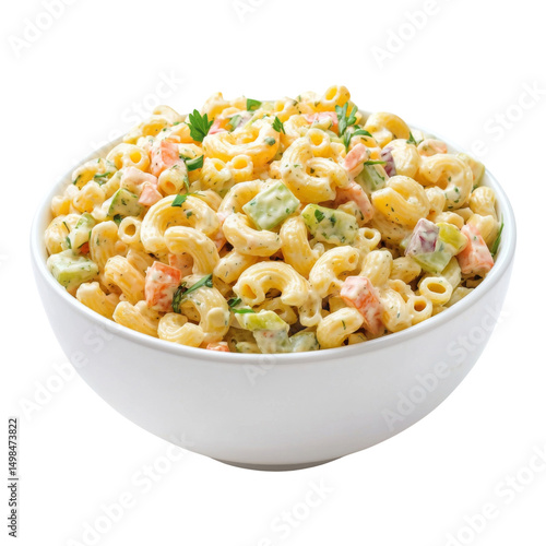 Creamy macaroni salad with colorful vegetables in white bowl, perfect for summer picnics and gatherings. This dish is refreshing and flavorful, ideal for any occasion