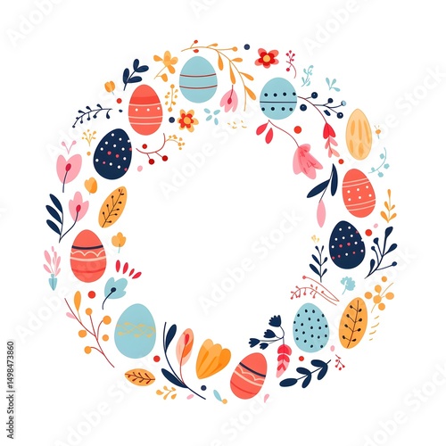 Festive Greeting Card Template for Happy Easter Celebration with Colorful Eggs and Spring Flowers