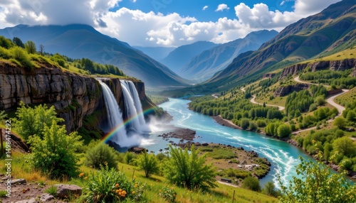 Majestic waterfall cascading into river valley landscape nature photography scenic environment panoramic view