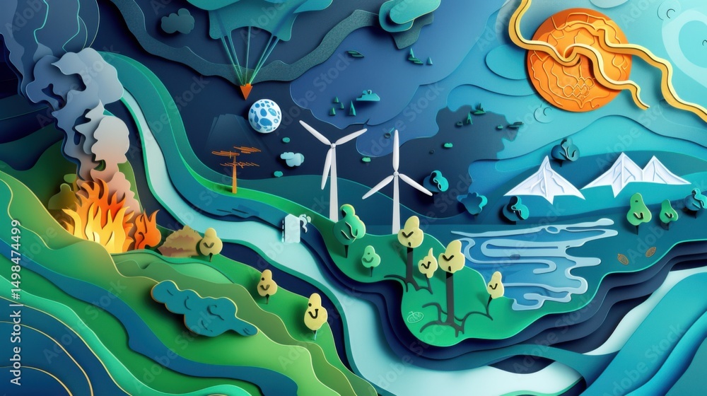 Obraz premium Paper Art Depicting Renewable Energy and Environmental Impact
