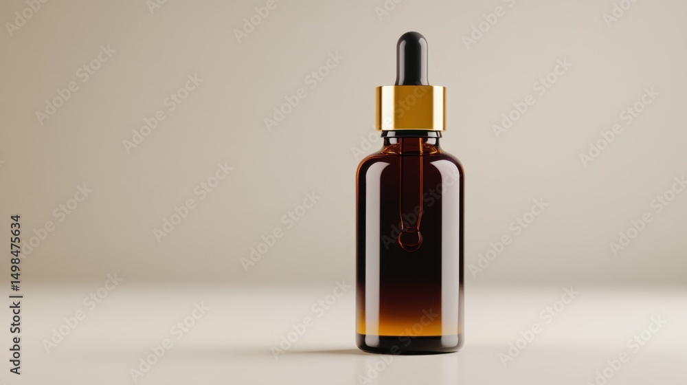 Amber glass bottle with elegant gold dropper on neutral studio background under soft light Amber glass bottle with elegant gold dropper on neutral studio background under soft light