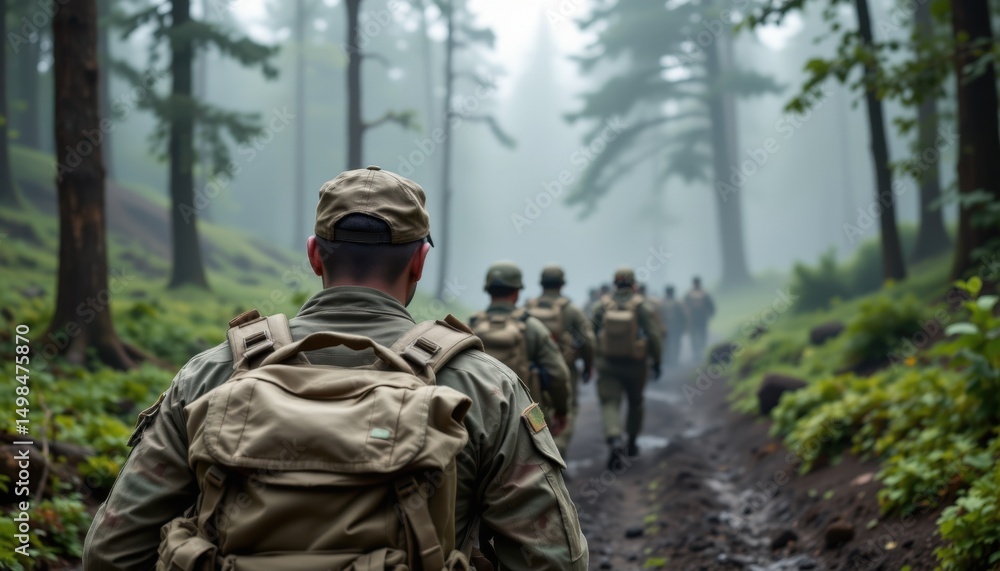 Military training exercise forest photography misty environment ground level teamwork and resilience Military training exercise forest photography misty environment ground level teamwork and resilience