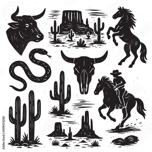 Linocut western boho set vector, Texas desert engraving print collection, vector canyon wildlife, cactus. 
Texture grunge Arizona rodeo graphics, bull, horse, snake, skull silhouette.