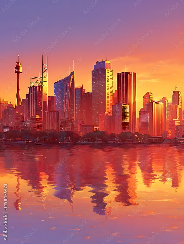 Fototapeta premium Sydney Skyline at Sunset A Vibrant Cityscape Reflected in Calm Waters.