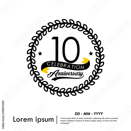 10th years anniversary celebration emblem. congratulation anniversary logo medal isolated with laurel wreath and ribbon on white background. vector illustration template design